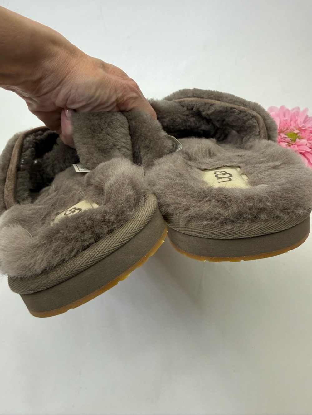 UGG Abela Slippers Criss Cross Sheepskin Fluffy Slate Grey Brown - Picture 8 of 12
